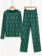 Emerald Green Outline Christmas Tree Print 3-Button Henley Couple Matching Holiday Sleepwear