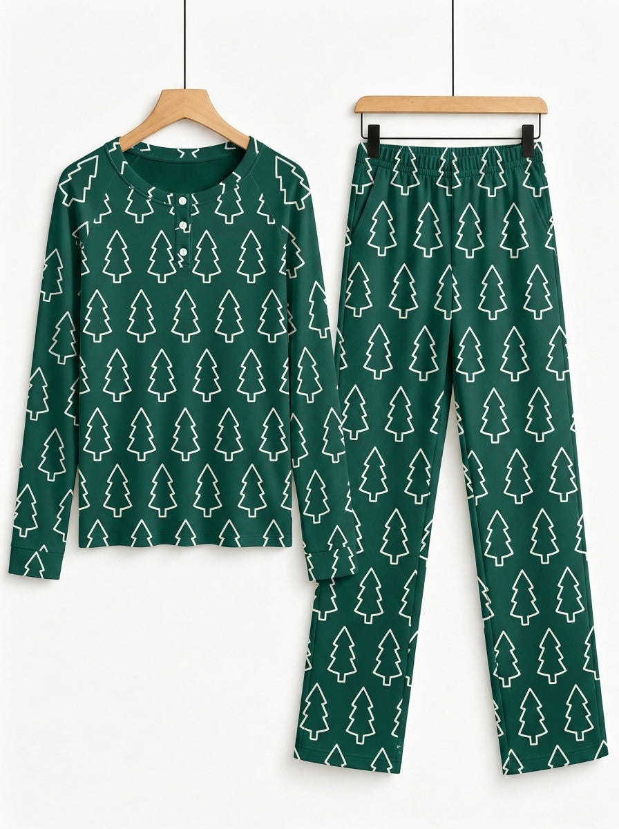 Emerald Green Outline Christmas Tree Print 3-Button Henley Couple Matching Holiday Sleepwear