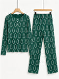 Emerald Green Outline Christmas Tree Print 3-Button Henley Family Matching Holiday Sleepwear