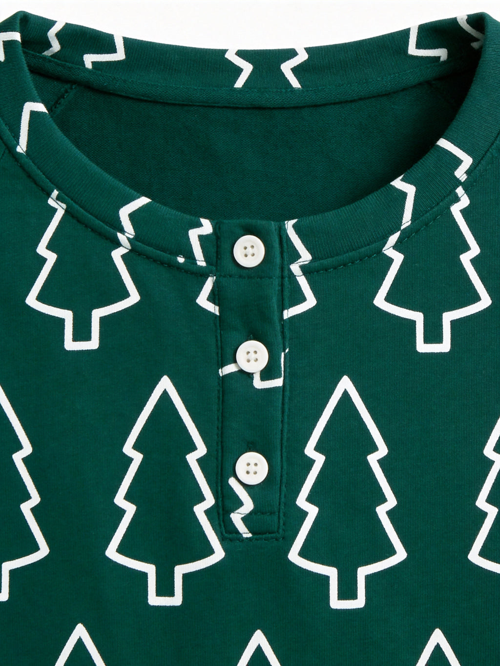 Emerald Green Outline Christmas Tree Print 3-Button Henley Couple Matching Holiday Sleepwear