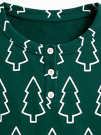 Emerald Green Outline Christmas Tree Print 3-Button Henley Couple Matching Holiday Sleepwear