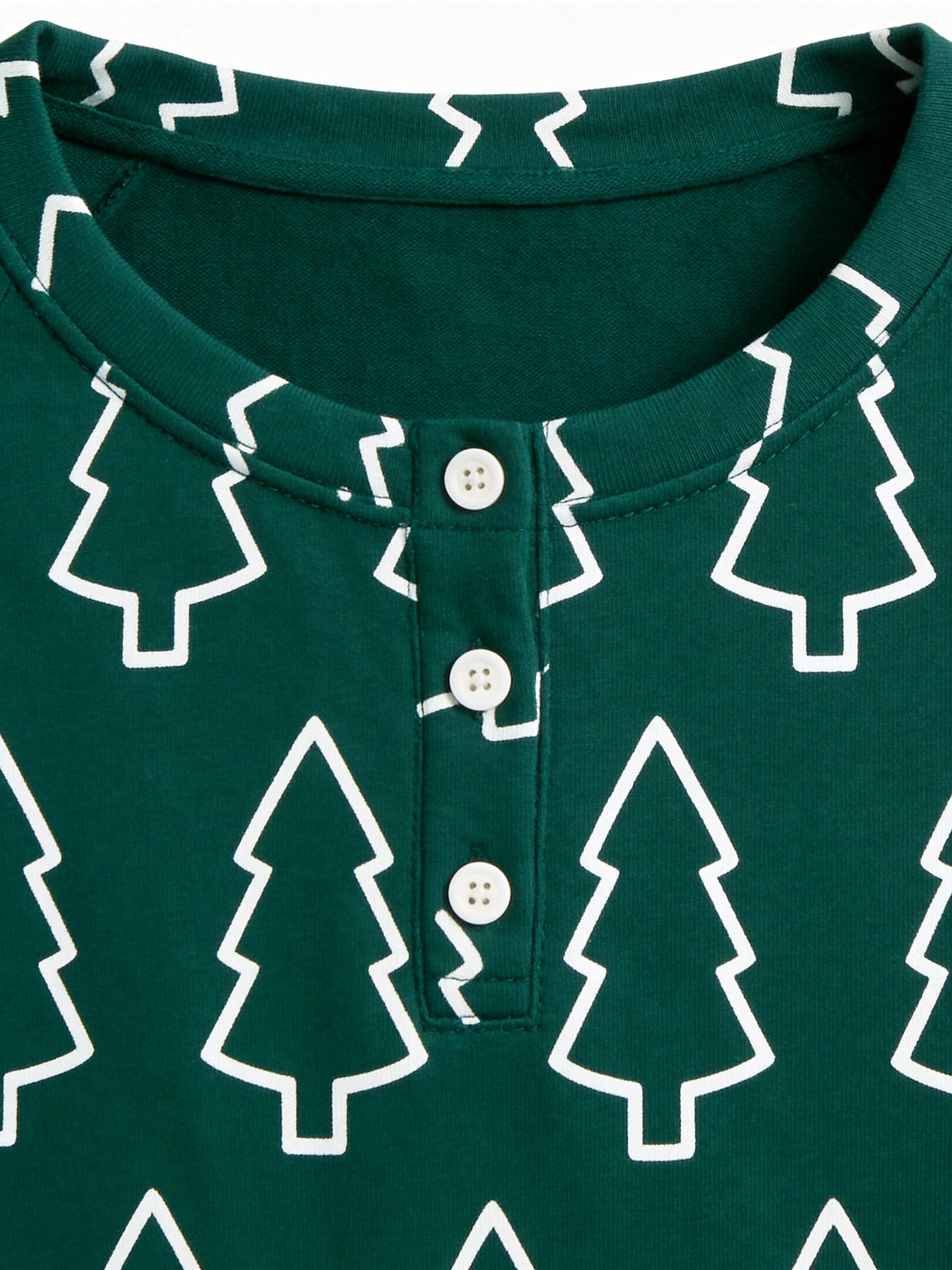 Emerald Green Outline Christmas Tree Print 3-Button Henley Couple Matching Holiday Sleepwear