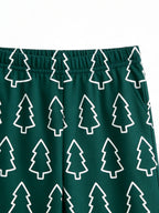 Emerald Green Outline Christmas Tree Print 3-Button Henley Couple Matching Holiday Sleepwear
