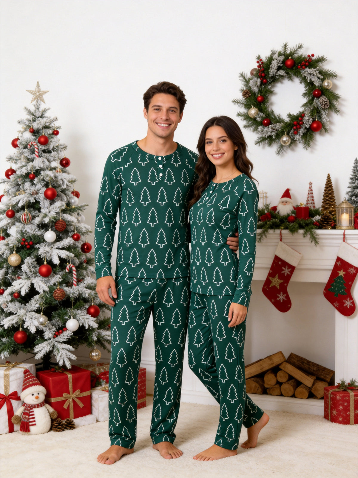 Emerald Green Outline Christmas Tree Print 3-Button Henley Couple Matching Holiday Sleepwear