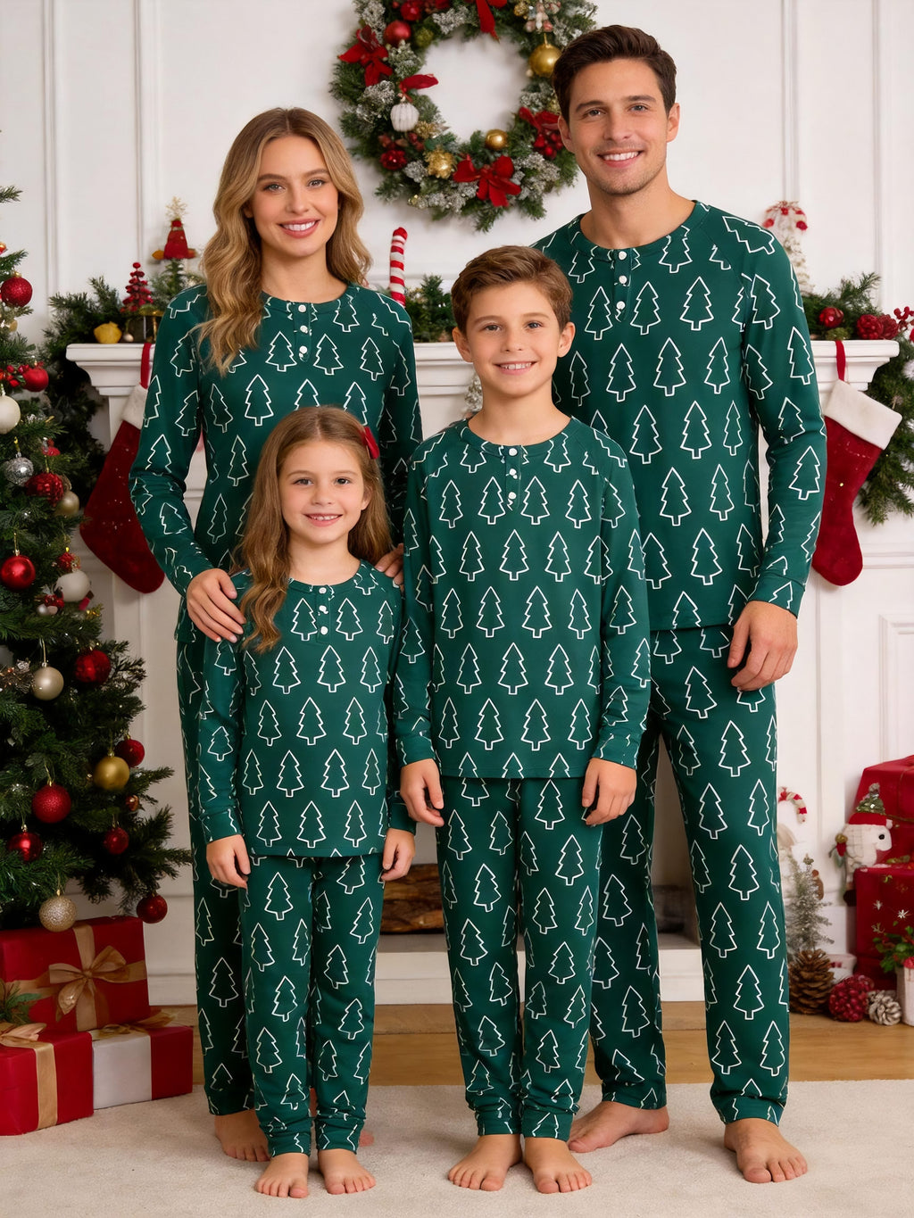 Emerald Green Outline Christmas Tree Print 3-Button Henley Couple Matching Holiday Sleepwear
