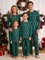 Emerald Green Outline Christmas Tree Print 3-Button Henley Couple Matching Holiday Sleepwear