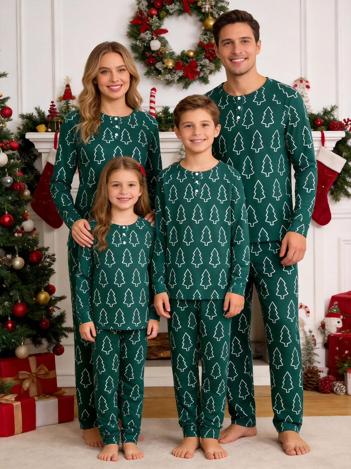 Emerald Green Outline Christmas Tree Print 3-Button Henley Couple Matching Holiday Sleepwear