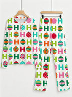 Colorful Festive Baubles and Ho Ho Ho Typography Print 3-Button Henley Couple Christmas PJs