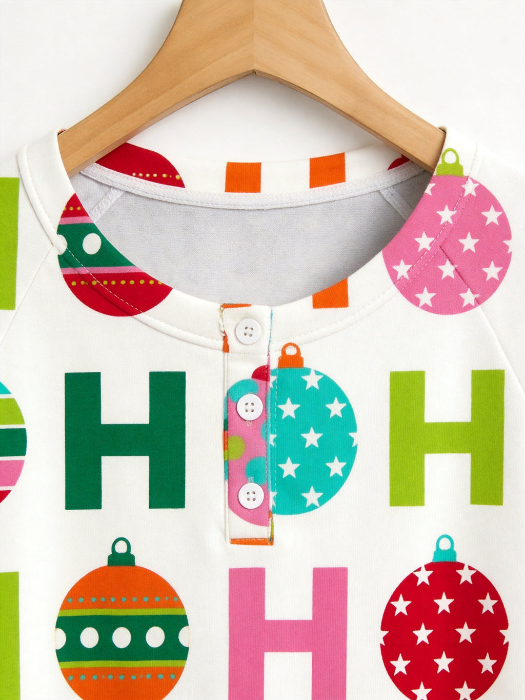 Colorful Festive Baubles and Ho Ho Ho Typography Print 3-Button Henley Couple Christmas PJs