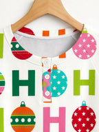Colorful Festive Baubles and Ho Ho Ho Typography Print 3-Button Henley Couple Christmas PJs