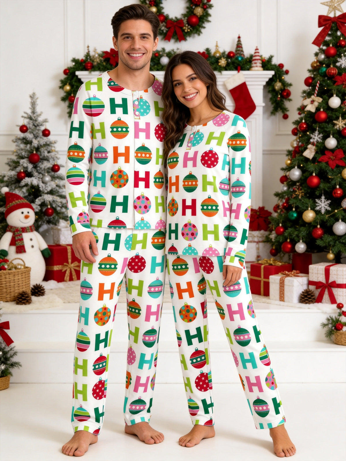 Colorful Festive Baubles and Ho Ho Ho Typography Print 3-Button Henley Couple Christmas PJs