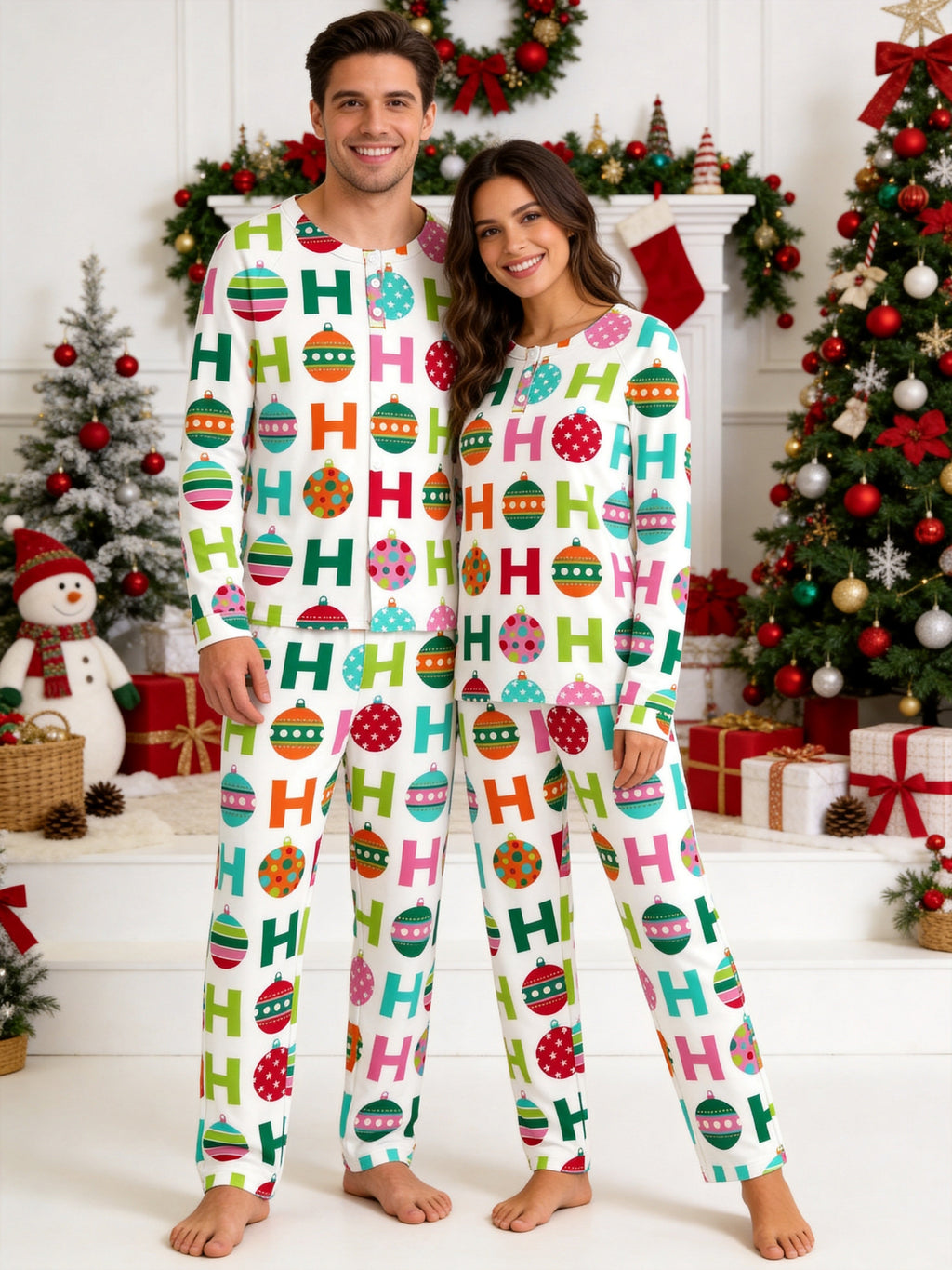 Colorful Festive Baubles and Ho Ho Ho Typography Print 3-Button Henley Family Christmas PJs