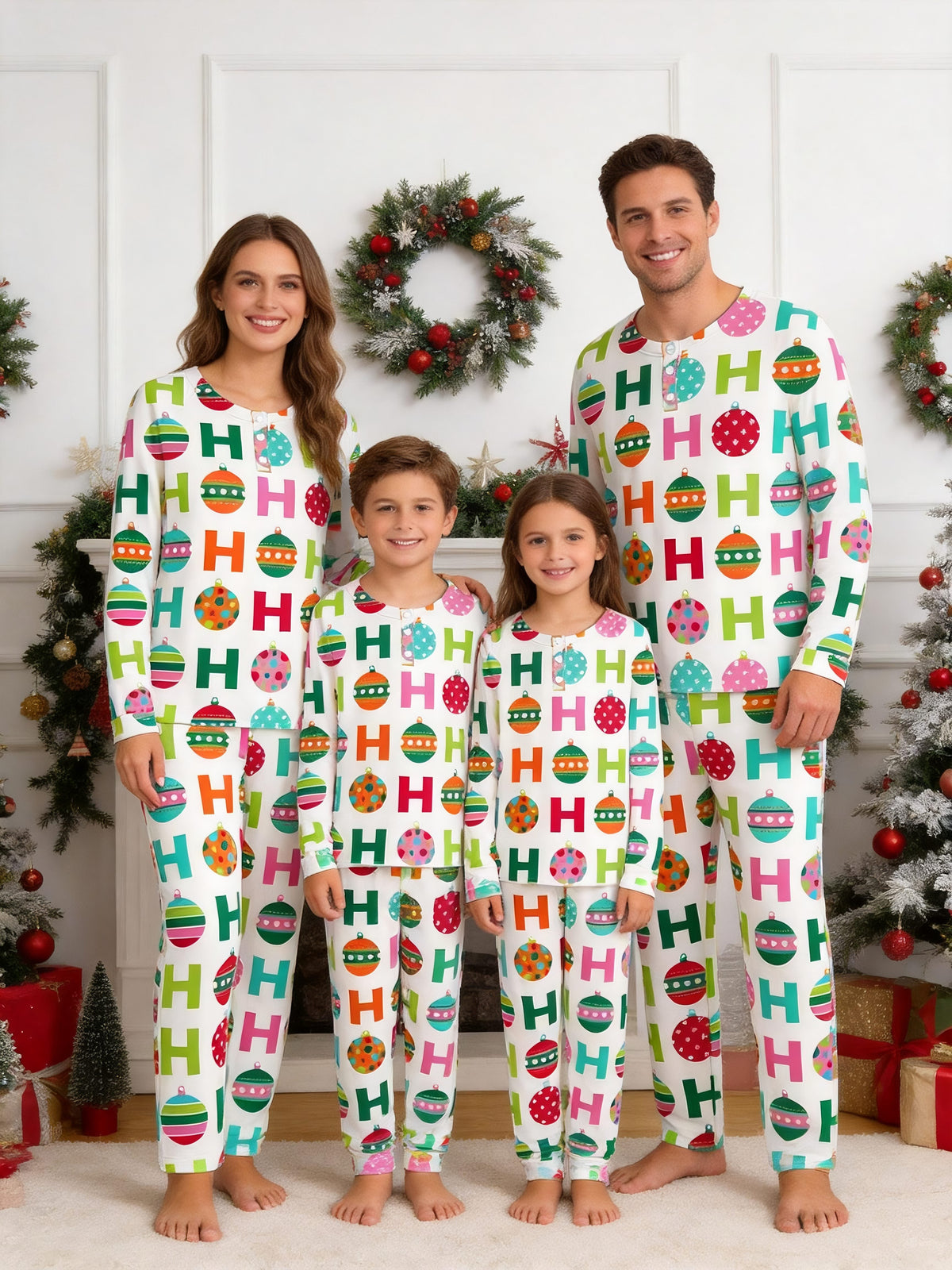 Colorful Festive Baubles and Ho Ho Ho Typography Print 3-Button Henley Family Christmas PJs