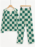 Forest Green and Cream Checkered Christmas Tree Print 3-Button Henley Family Matching Pyjamas