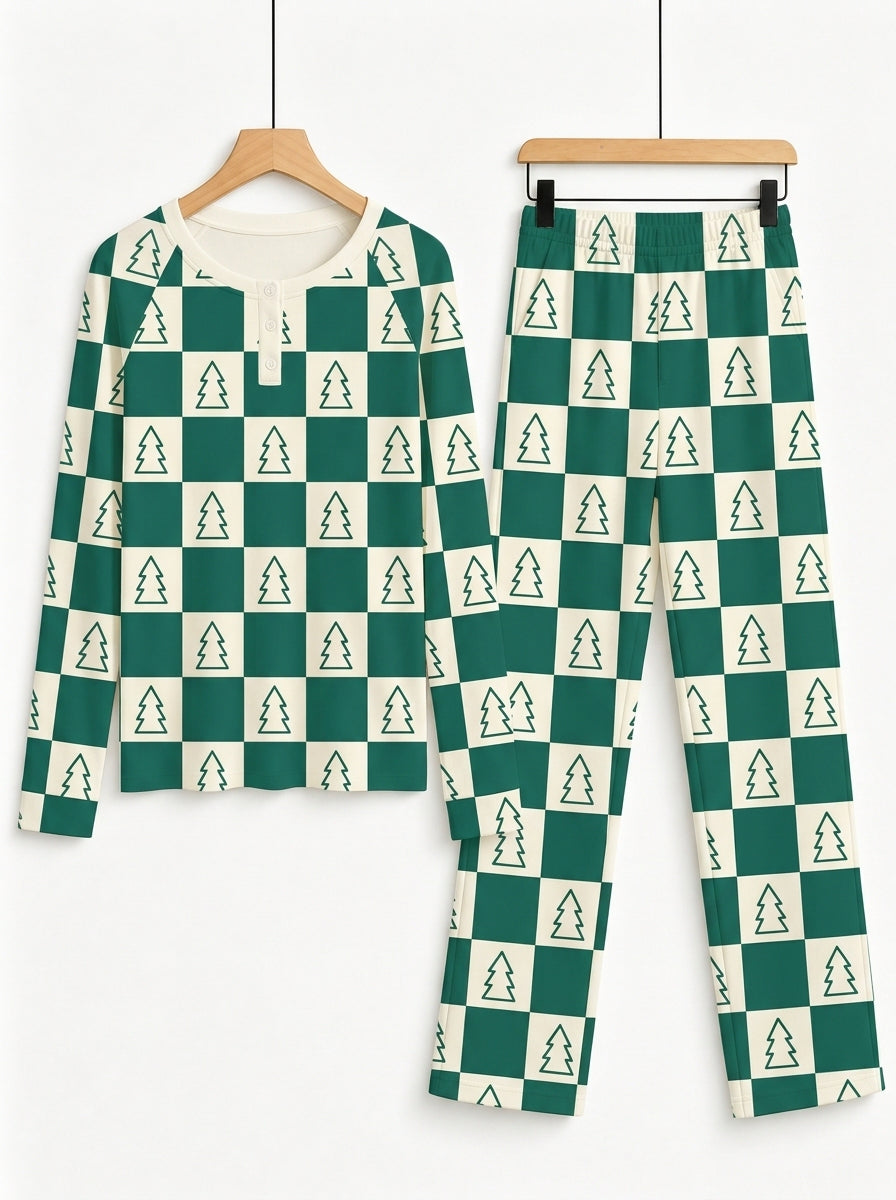 Forest Green and Cream Checkered Christmas Tree Print 3-Button Henley Family Matching Pyjamas