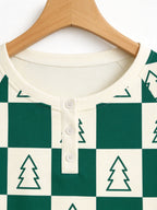 Forest Green and Cream Checkered Christmas Tree Print 3-Button Henley Couple Matching Pyjamas