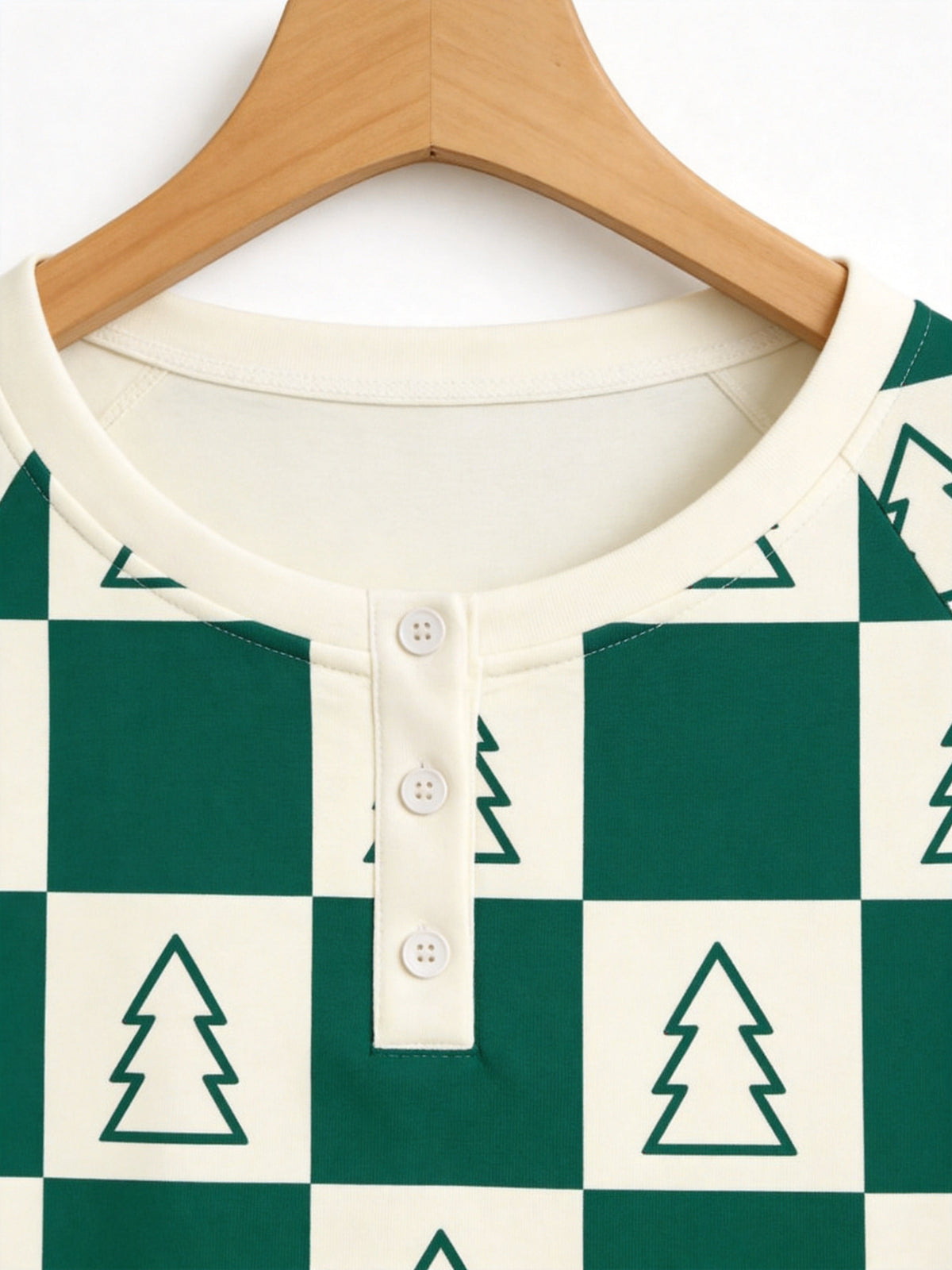 Forest Green and Cream Checkered Christmas Tree Print 3-Button Henley Couple Matching Pyjamas