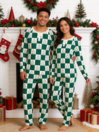 Forest Green and Cream Checkered Christmas Tree Print 3-Button Henley Couple Matching Pyjamas