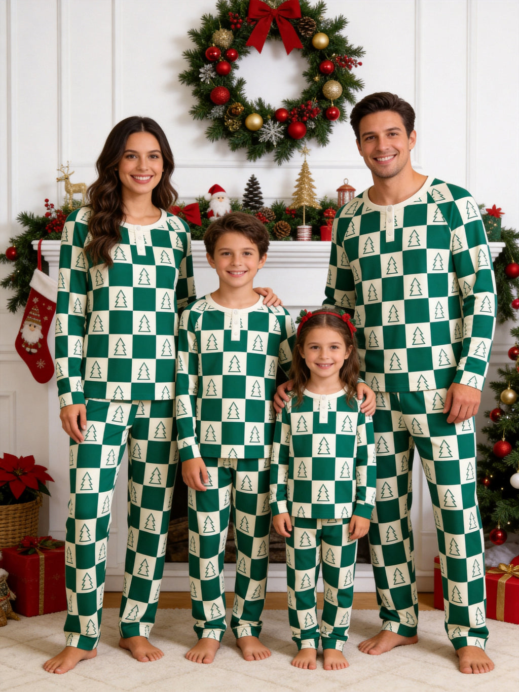 Forest Green and Cream Checkered Christmas Tree Print 3-Button Henley Couple Matching Pyjamas