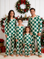 Forest Green and Cream Checkered Christmas Tree Print 3-Button Henley Couple Matching Pyjamas