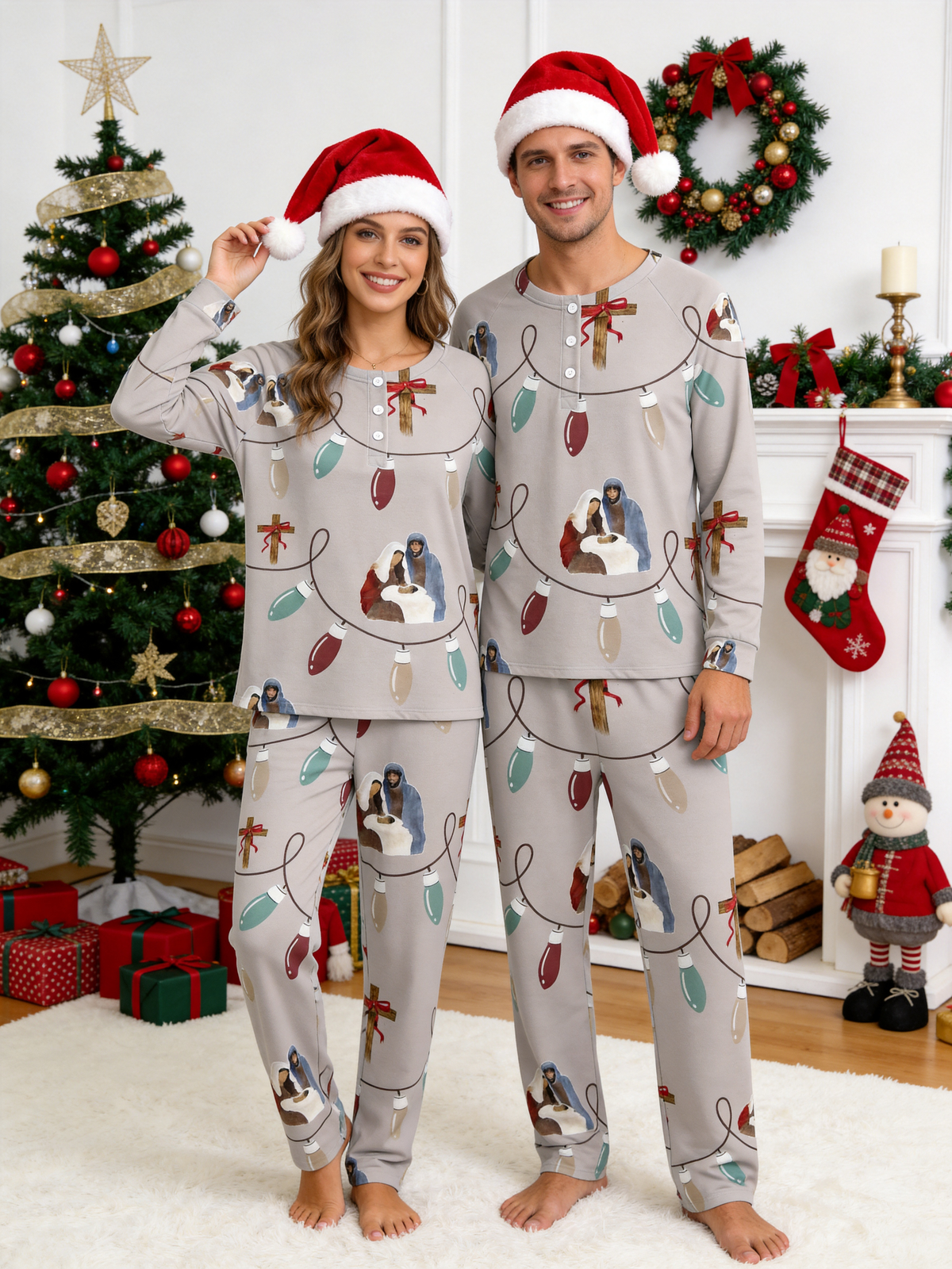 Religious Nativity & Christmas Lights Two-Piece Henley Neck Holiday Couple Pajamas