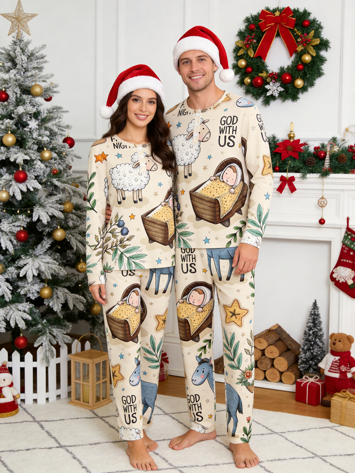 Cute Nativity Sheep & God With Us Two-Piece Henley Neck Christmas Couple Pajamas
