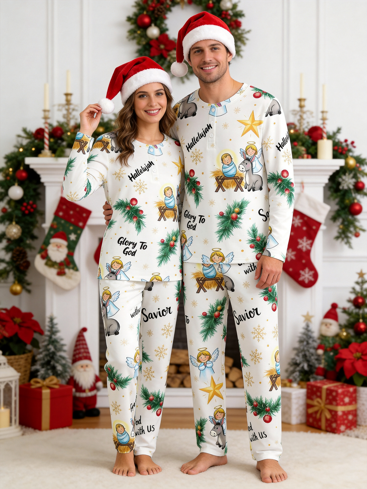 Religious Angel & Nativity Scene Two-Piece Henley Neck Christmas Couple Pajamas