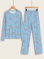 Light Blue Candy Cane Dot Print 3-Button Henley Couple Matching Christmas PJs