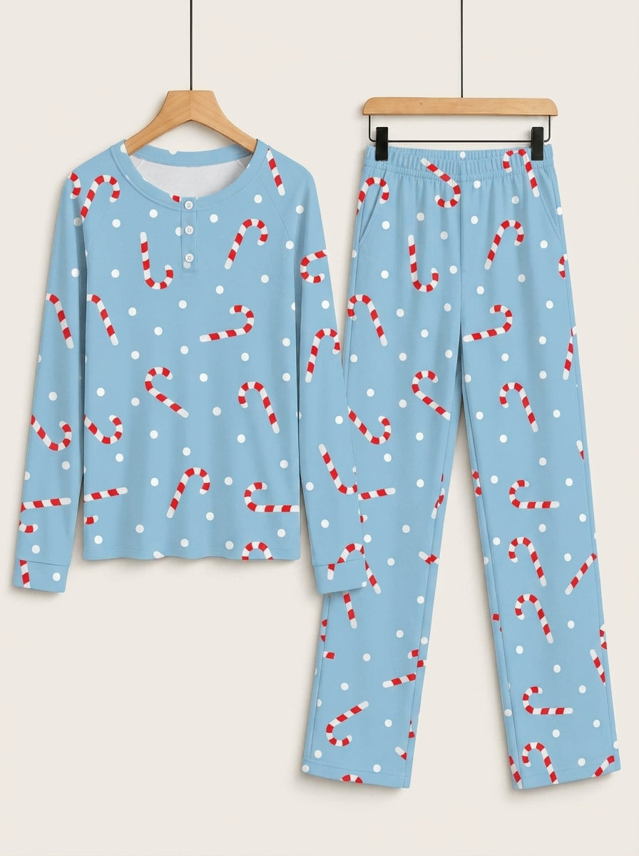 Light Blue Candy Cane Dot Print 3-Button Henley Family Matching Christmas PJs