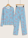 Light Blue Candy Cane Dot Print 3-Button Henley Family Matching Christmas PJs