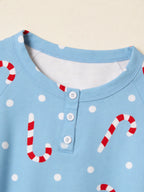 Light Blue Candy Cane Dot Print 3-Button Henley Couple Matching Christmas PJs