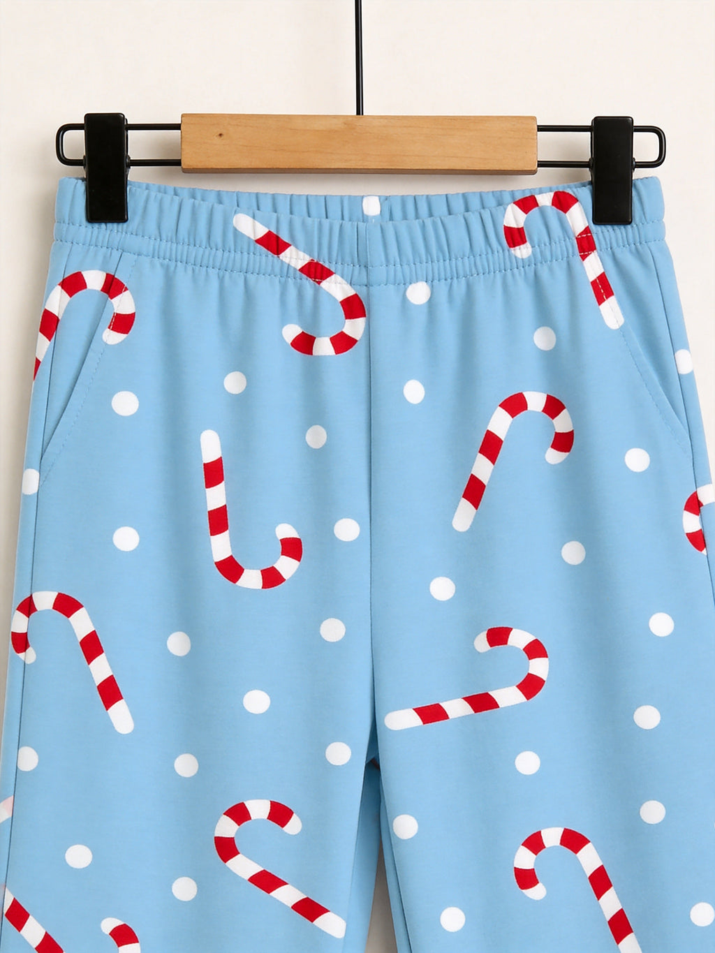 Light Blue Candy Cane Dot Print 3-Button Henley Couple Matching Christmas PJs