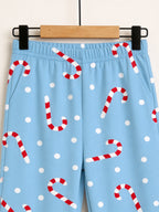 Light Blue Candy Cane Dot Print 3-Button Henley Couple Matching Christmas PJs