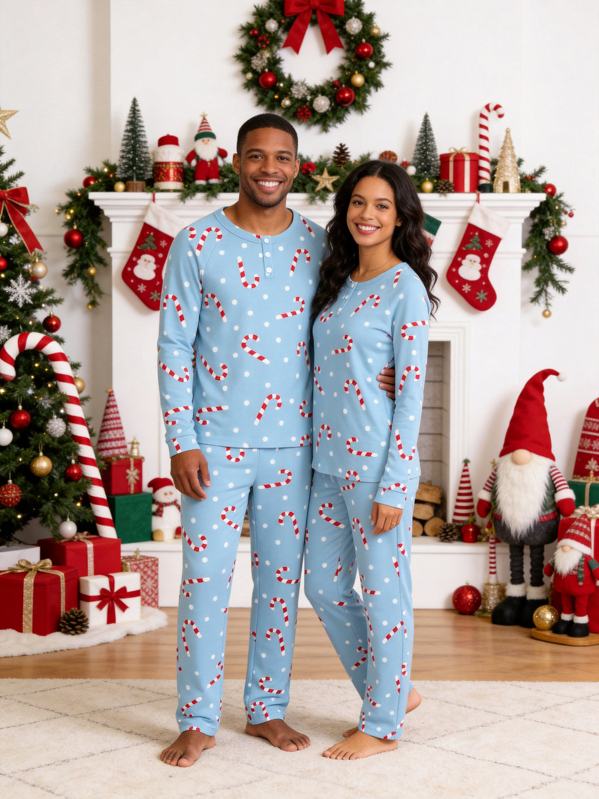 Light Blue Candy Cane Dot Print 3-Button Henley Couple Matching Christmas PJs