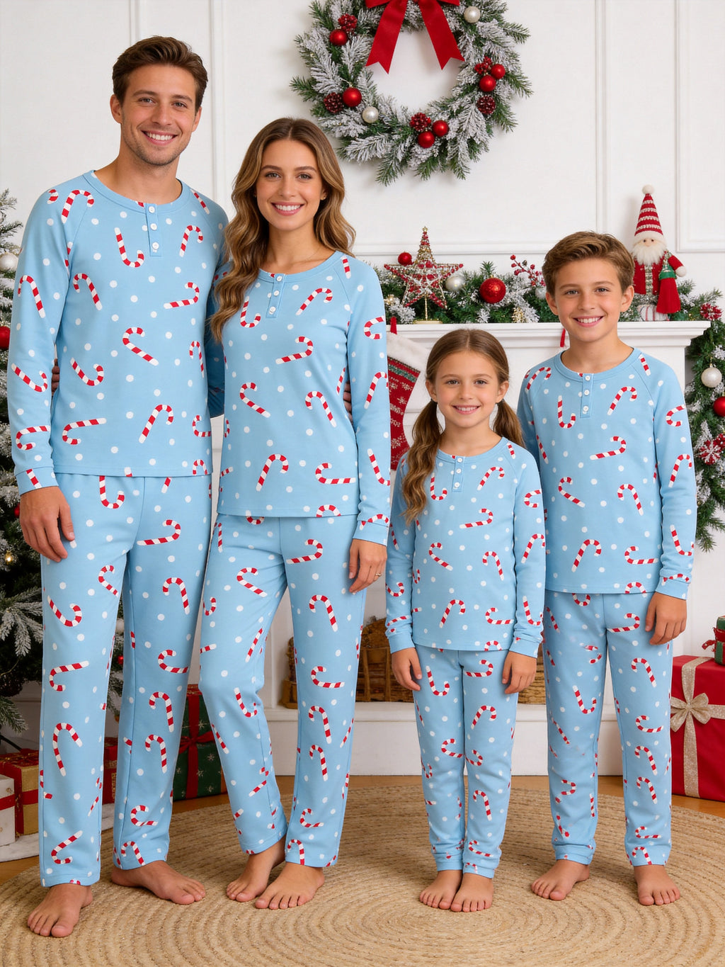 Light Blue Candy Cane Dot Print 3-Button Henley Family Matching Christmas PJs