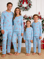 Light Blue Candy Cane Dot Print 3-Button Henley Family Matching Christmas PJs