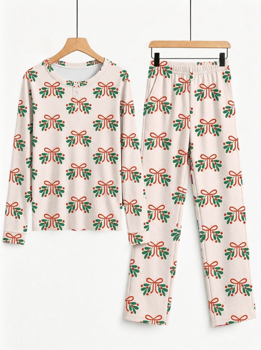 Mistletoe Bow Print 3-Button Henley Couple Holiday Sleepwear Set