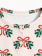 Mistletoe Bow Print 3-Button Henley Couple Holiday Sleepwear Set