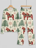 Dala Horse Pine Tree Print 3-Button Henley Neck Matching Couple Christmas Pajamas Set