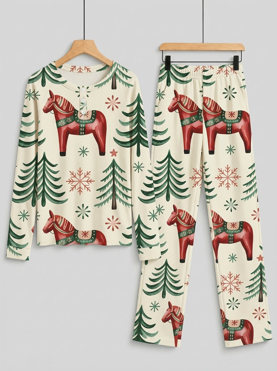 Dala Horse Pine Tree Print 3-Button Henley Neck Matching Couple Christmas Pajamas Set