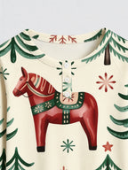 Dala Horse Pine Tree Print 3-Button Henley Neck Matching Family Christmas Pajamas Set