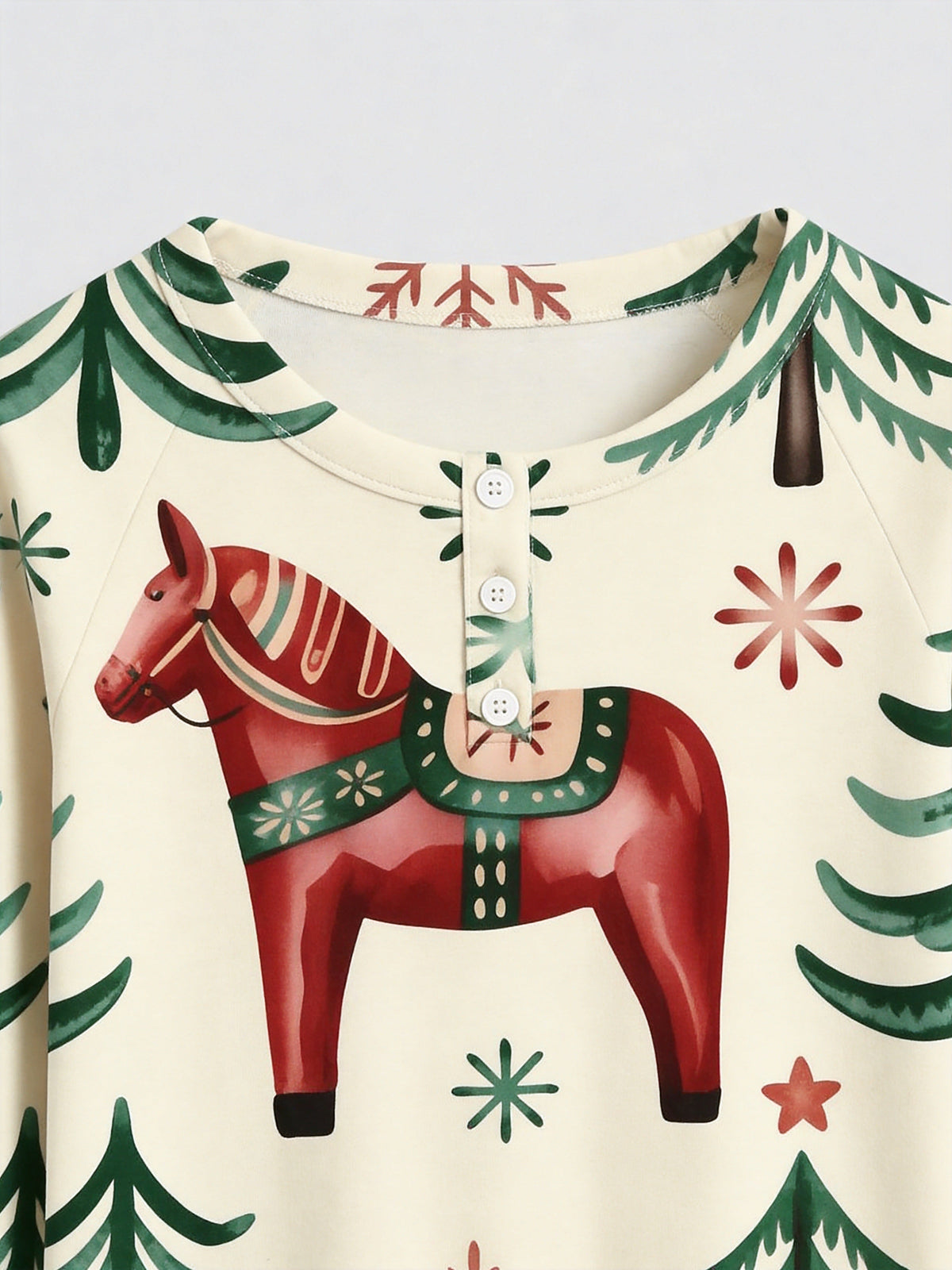 Dala Horse Pine Tree Print 3-Button Henley Neck Matching Family Christmas Pajamas Set