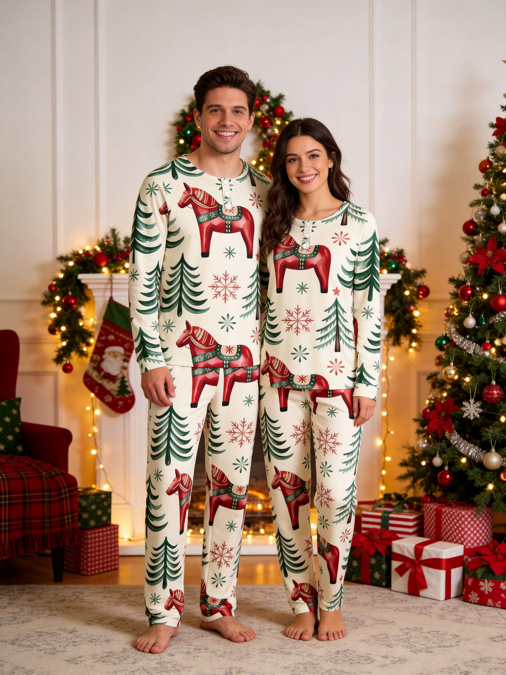 Dala Horse Pine Tree Print 3-Button Henley Neck Matching Couple Christmas Pajamas Set