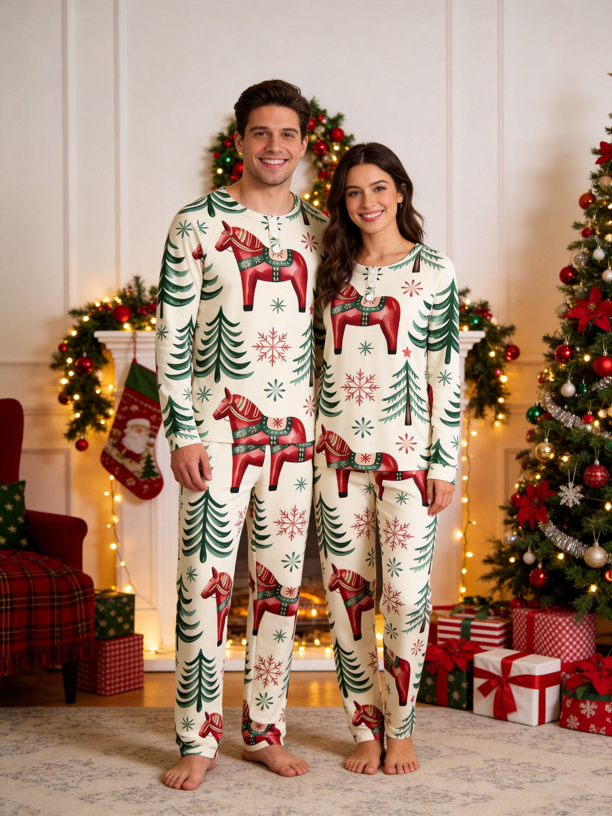Dala Horse Pine Tree Print 3-Button Henley Neck Matching Couple Christmas Pajamas Set