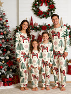 Dala Horse Pine Tree Print 3-Button Henley Neck Matching Couple Christmas Pajamas Set