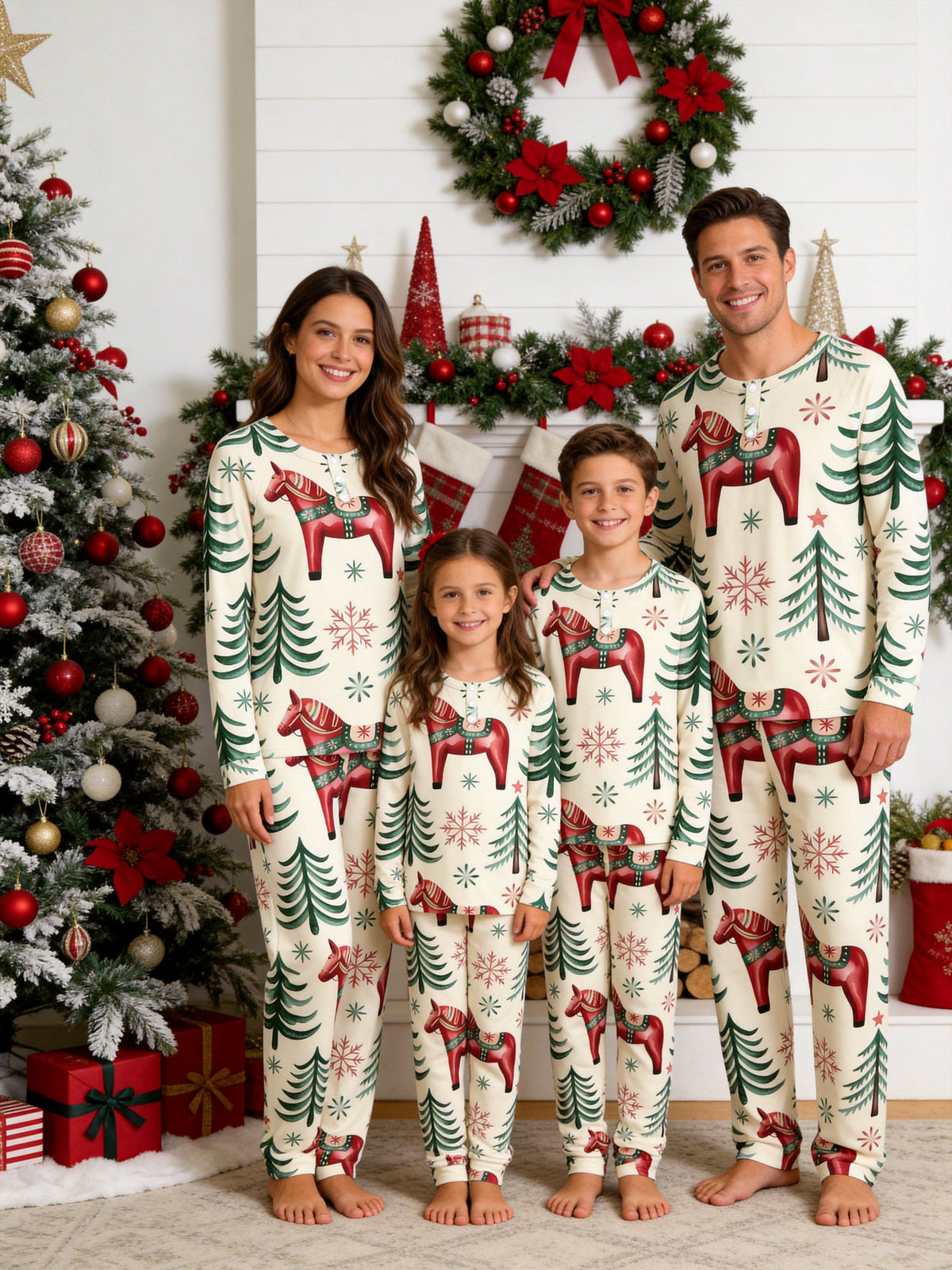 Dala Horse Pine Tree Print 3-Button Henley Neck Matching Couple Christmas Pajamas Set