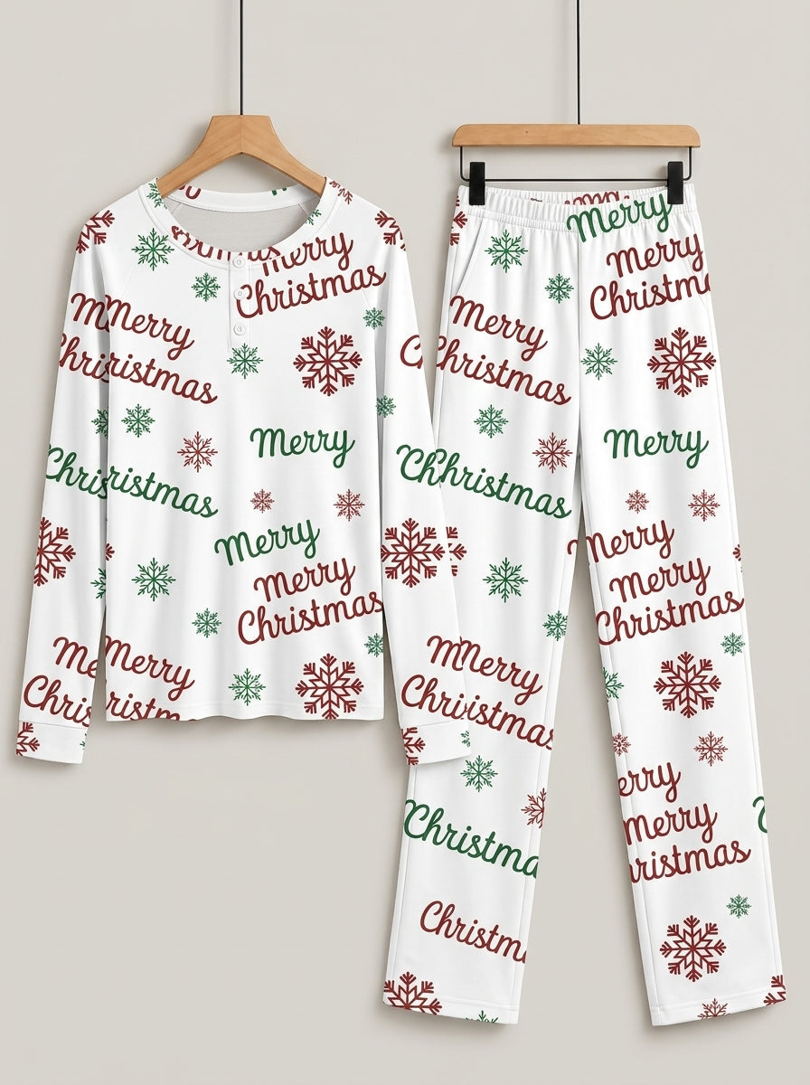 Merry Christmas Snowflake Letter Print 3-Button Henley Couple Matching Holiday Pyjamas