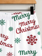 Merry Christmas Snowflake Letter Print 3-Button Henley Couple Matching Holiday Pyjamas