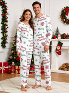 Merry Christmas Snowflake Letter Print 3-Button Henley Family Matching Holiday Pyjamas