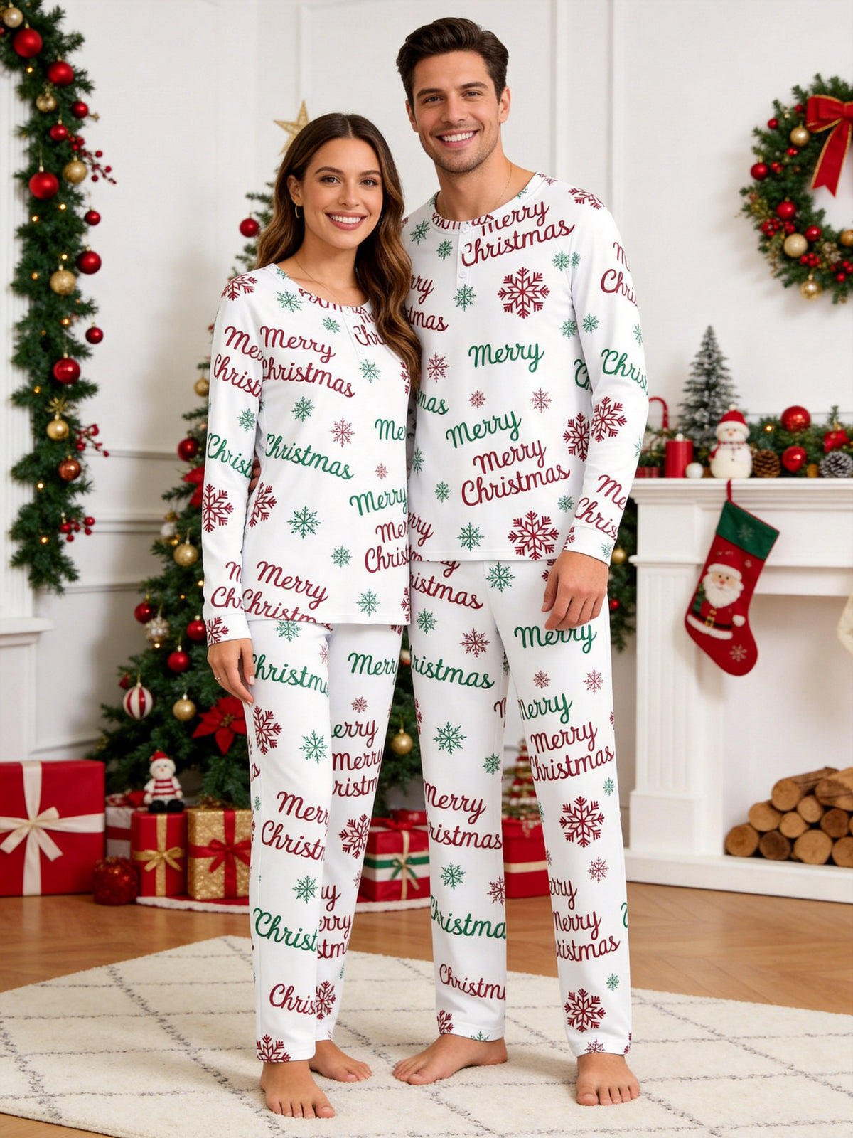 Merry Christmas Snowflake Letter Print 3-Button Henley Family Matching Holiday Pyjamas